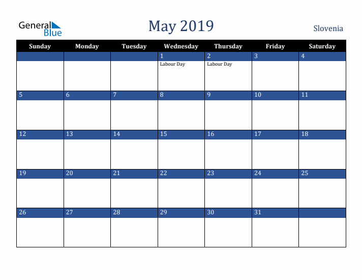 May 2019 Slovenia Calendar (Sunday Start)