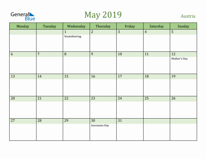 May 2019 Calendar with Austria Holidays