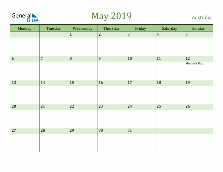 May 2019 Calendar with Australia Holidays