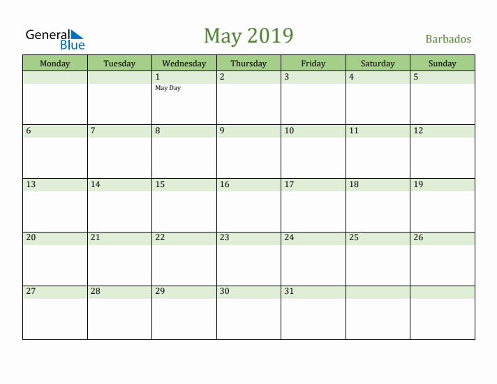 May 2019 Calendar with Barbados Holidays