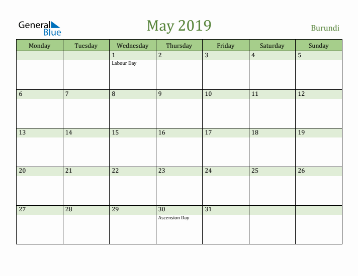 May 2019 Calendar with Burundi Holidays