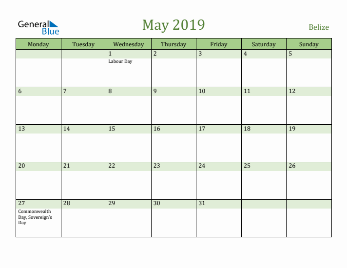 May 2019 Calendar with Belize Holidays