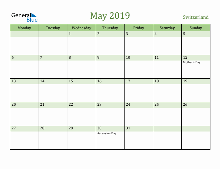 May 2019 Calendar with Switzerland Holidays