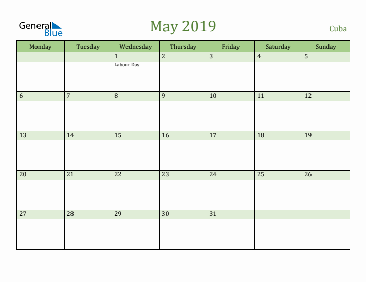 May 2019 Calendar with Cuba Holidays