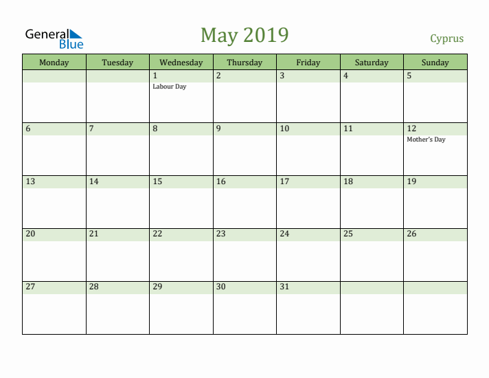 May 2019 Calendar with Cyprus Holidays