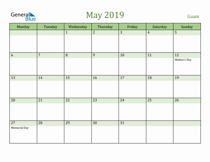 May 2019 Calendar with Guam Holidays