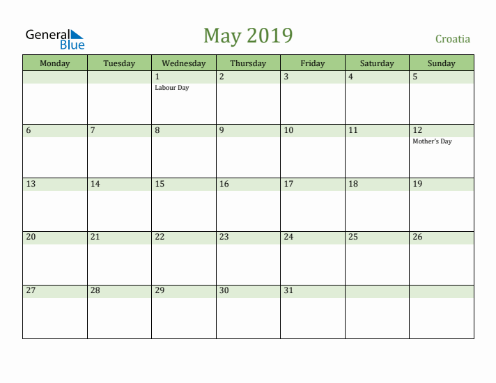 May 2019 Calendar with Croatia Holidays