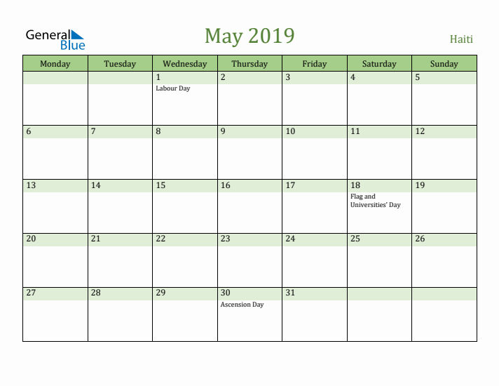 May 2019 Calendar with Haiti Holidays