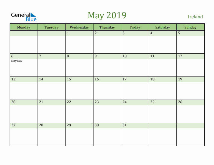 May 2019 Calendar with Ireland Holidays