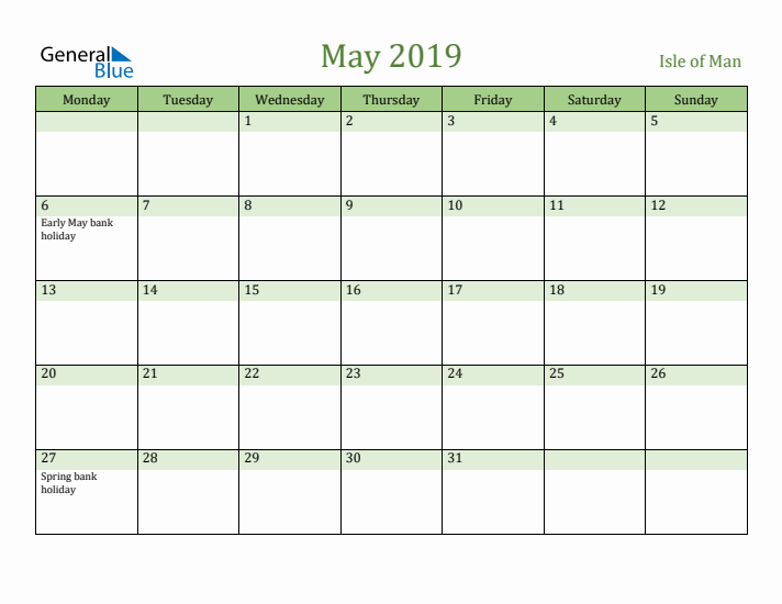 May 2019 Calendar with Isle of Man Holidays