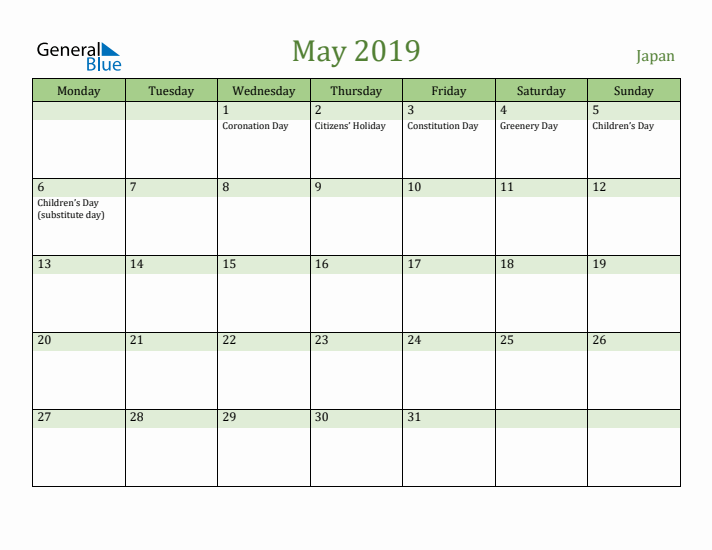 May 2019 Calendar with Japan Holidays