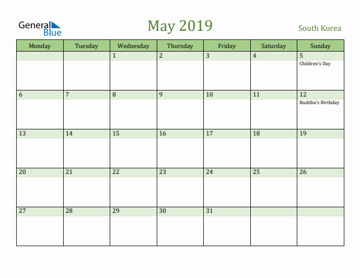 May 2019 Calendar with South Korea Holidays