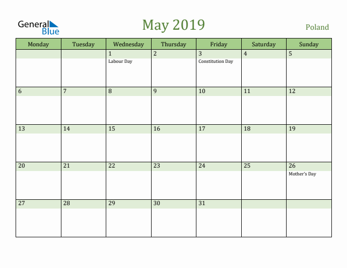 May 2019 Calendar with Poland Holidays