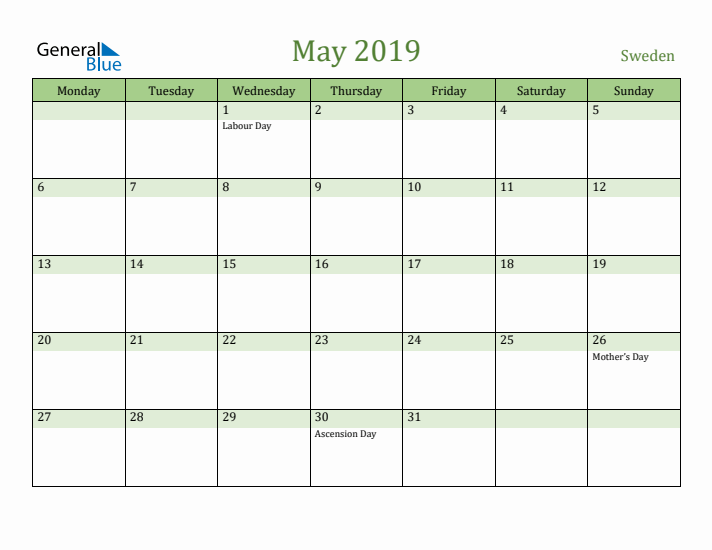 May 2019 Calendar with Sweden Holidays