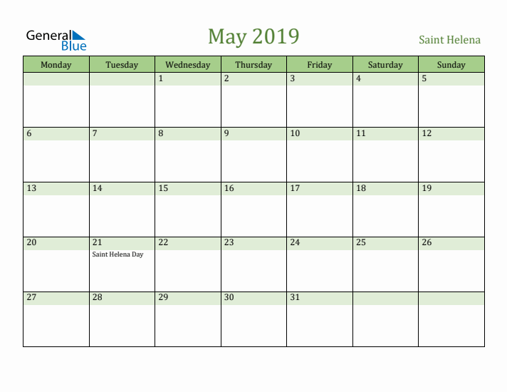 May 2019 Calendar with Saint Helena Holidays