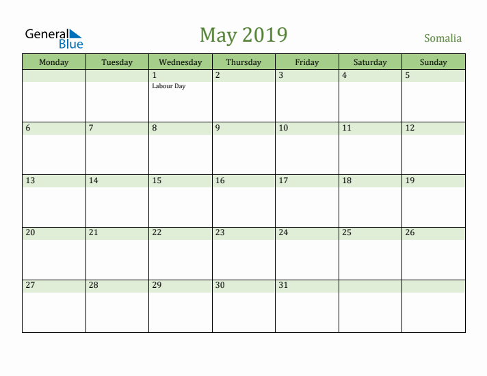 May 2019 Calendar with Somalia Holidays