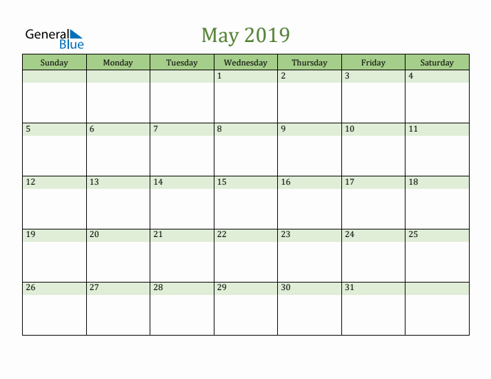 May 2019 Calendar with Sunday Start