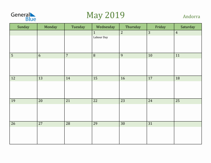 May 2019 Calendar with Andorra Holidays