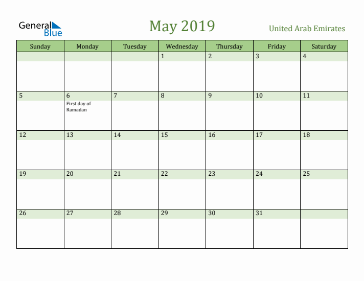 May 2019 Calendar with United Arab Emirates Holidays