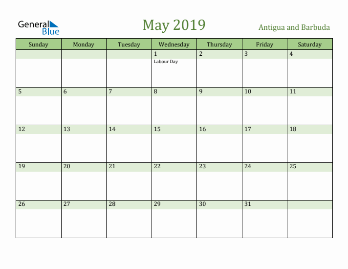 May 2019 Calendar with Antigua and Barbuda Holidays