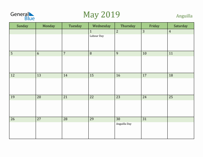 May 2019 Calendar with Anguilla Holidays