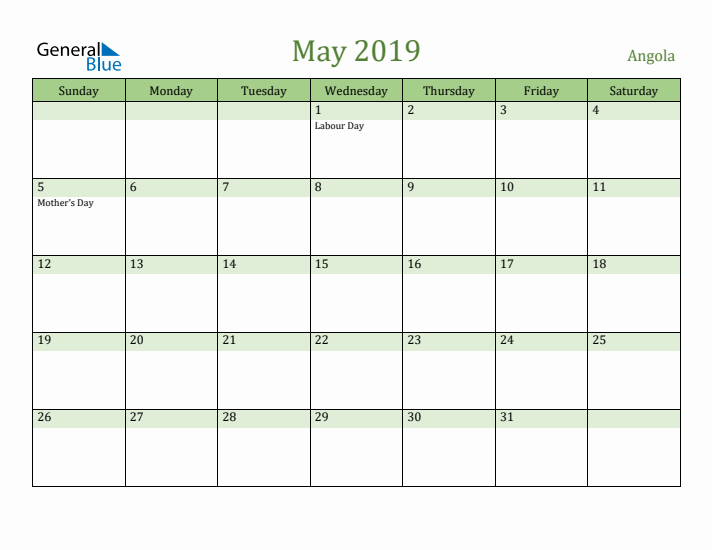 May 2019 Calendar with Angola Holidays