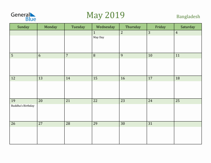 May 2019 Calendar with Bangladesh Holidays