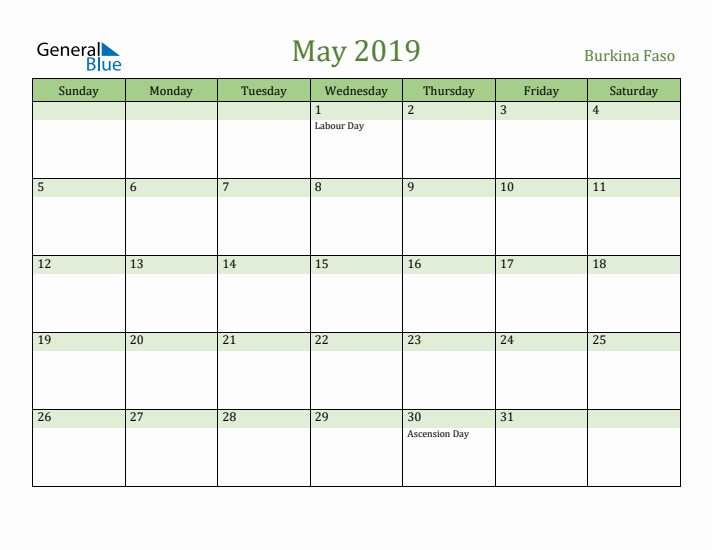 May 2019 Calendar with Burkina Faso Holidays