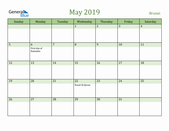 May 2019 Calendar with Brunei Holidays