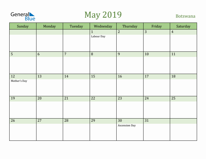 May 2019 Calendar with Botswana Holidays