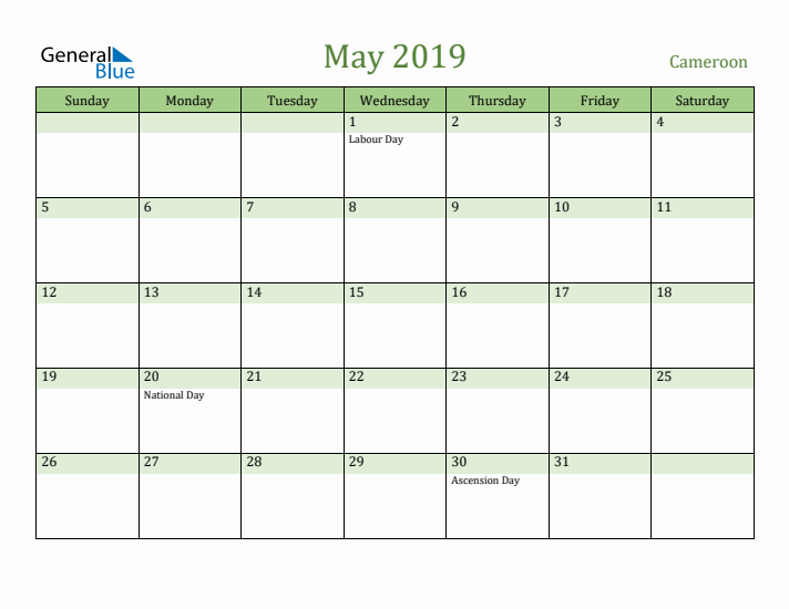 May 2019 Calendar with Cameroon Holidays