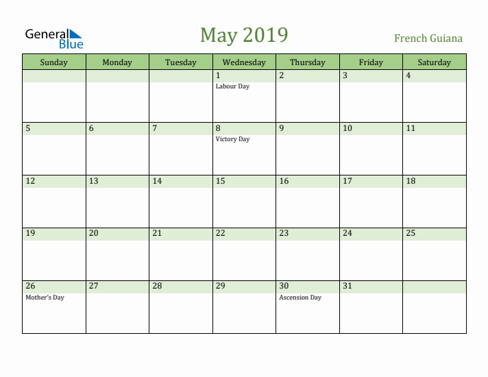 May 2019 Calendar with French Guiana Holidays