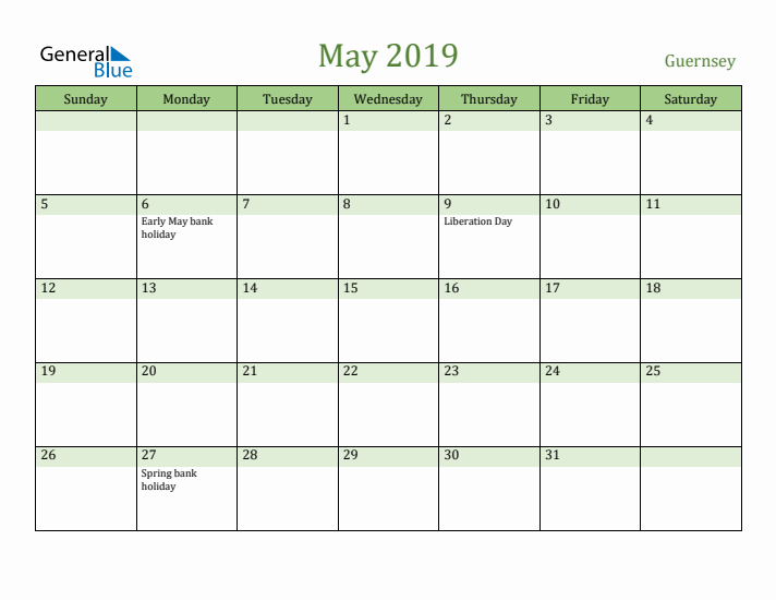 May 2019 Calendar with Guernsey Holidays