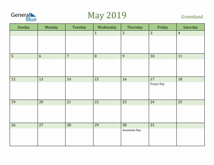 May 2019 Calendar with Greenland Holidays