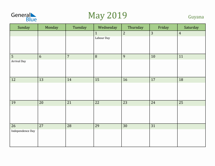 May 2019 Calendar with Guyana Holidays