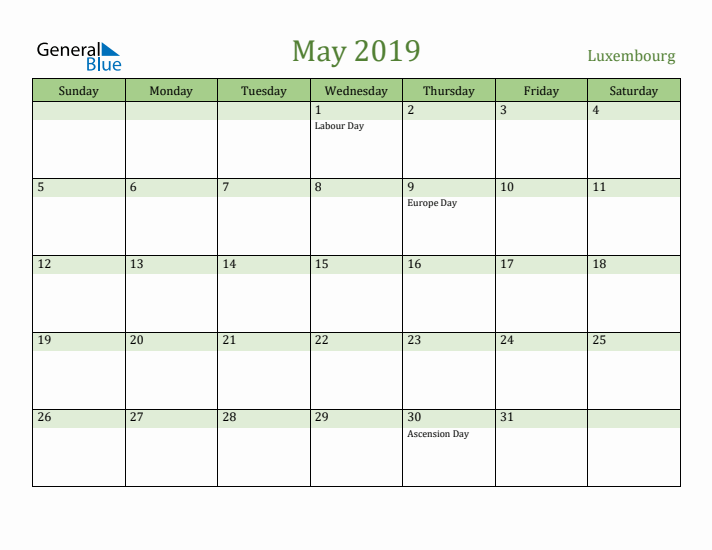 May 2019 Calendar with Luxembourg Holidays