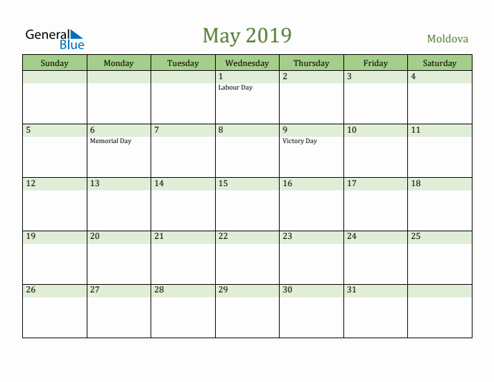 May 2019 Calendar with Moldova Holidays