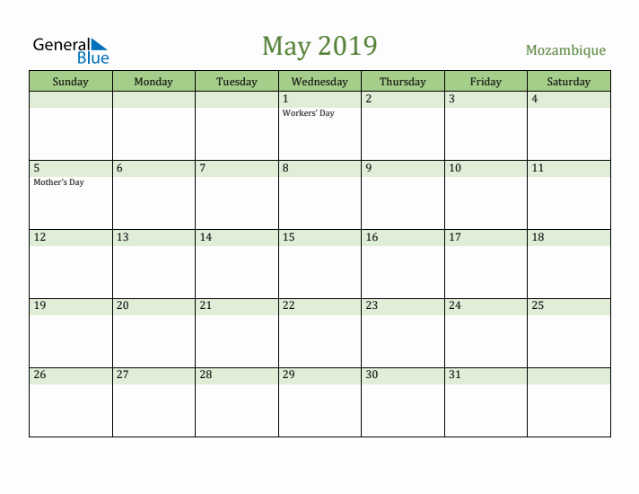 May 2019 Calendar with Mozambique Holidays