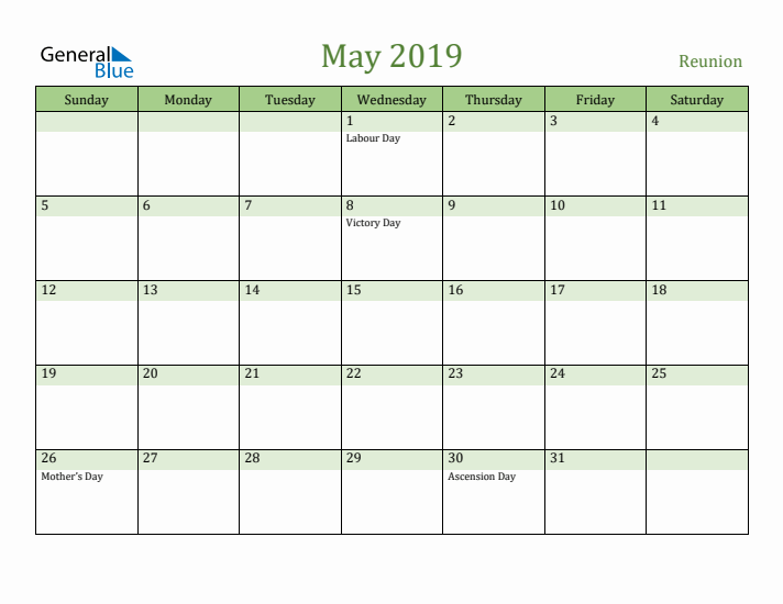 May 2019 Calendar with Reunion Holidays