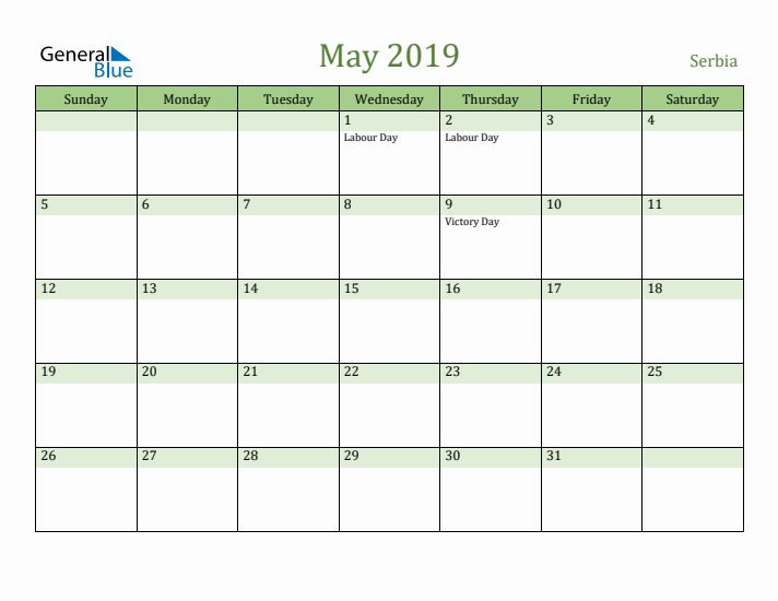 May 2019 Calendar with Serbia Holidays