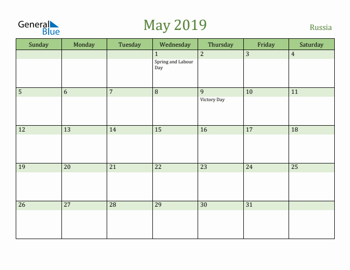 May 2019 Calendar with Russia Holidays