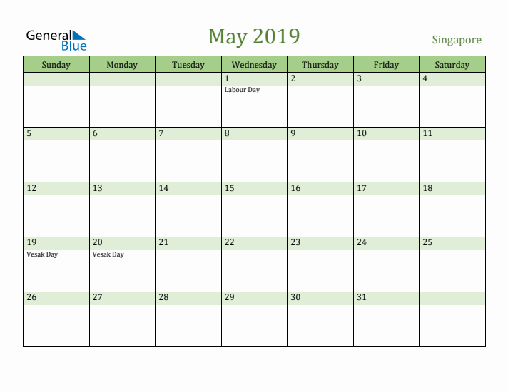 May 2019 Calendar with Singapore Holidays