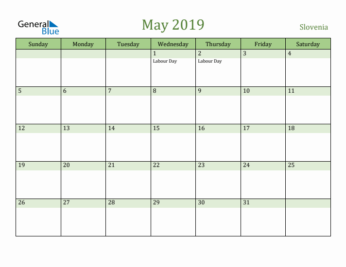 May 2019 Calendar with Slovenia Holidays