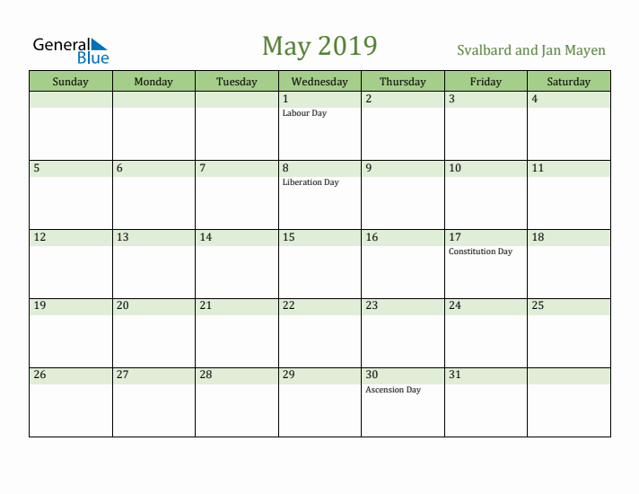 May 2019 Calendar with Svalbard and Jan Mayen Holidays