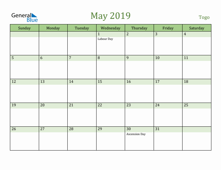 May 2019 Calendar with Togo Holidays