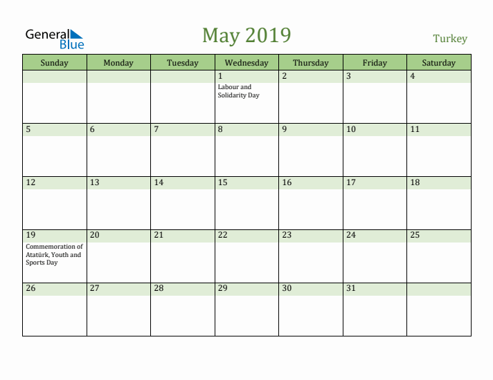 May 2019 Calendar with Turkey Holidays