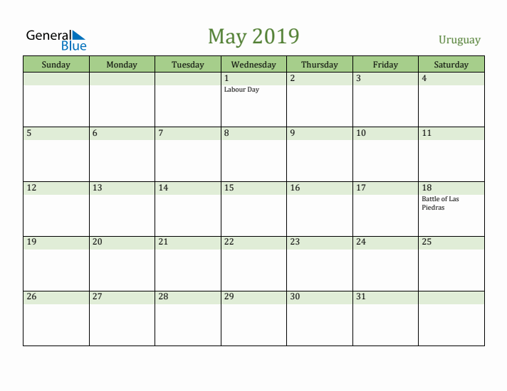 May 2019 Calendar with Uruguay Holidays