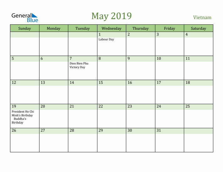 May 2019 Calendar with Vietnam Holidays