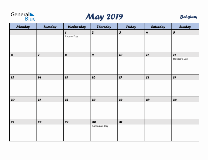 May 2019 Calendar with Holidays in Belgium