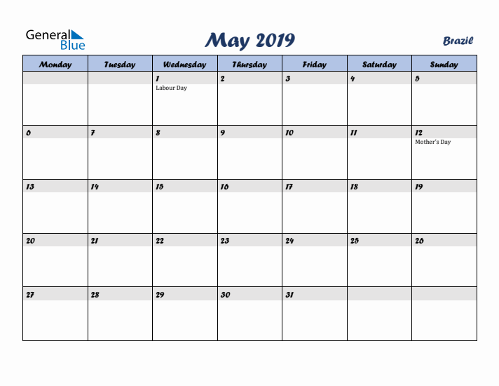 May 2019 Calendar with Holidays in Brazil